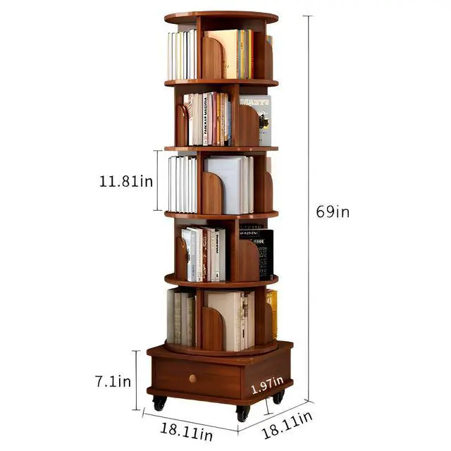Alt view image 2 of 6 - Rotating Bookshelf 6 Tier, 360° Spinning Bookshelf Tower with Lockable Wheels, Corner Shelf for Small Spaces, Kids Room, Living Room, Bedroom, Office Storage Solution, Walnut Revolving Bookcase