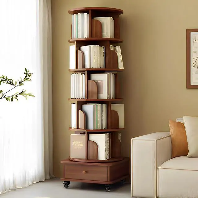 Alt view image 3 of 6 - Rotating Bookshelf 6 Tier, 360° Spinning Bookshelf Tower with Lockable Wheels, Corner Shelf for Small Spaces, Kids Room, Living Room, Bedroom, Office Storage Solution, Walnut Revolving Bookcase