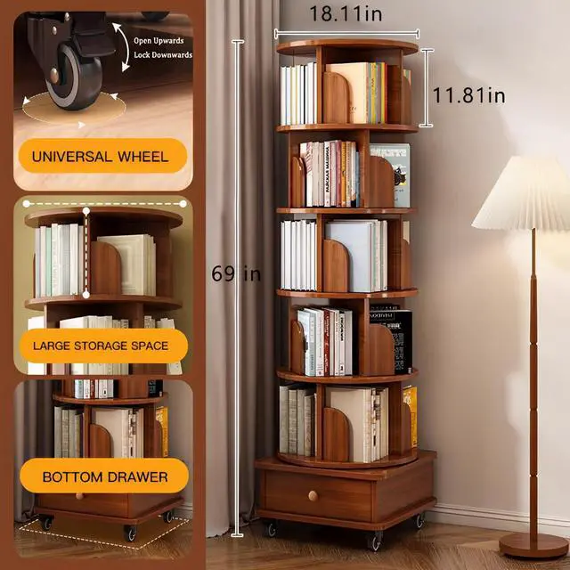 Alt view image 4 of 6 - Rotating Bookshelf 6 Tier, 360° Spinning Bookshelf Tower with Lockable Wheels, Corner Shelf for Small Spaces, Kids Room, Living Room, Bedroom, Office Storage Solution, Walnut Revolving Bookcase