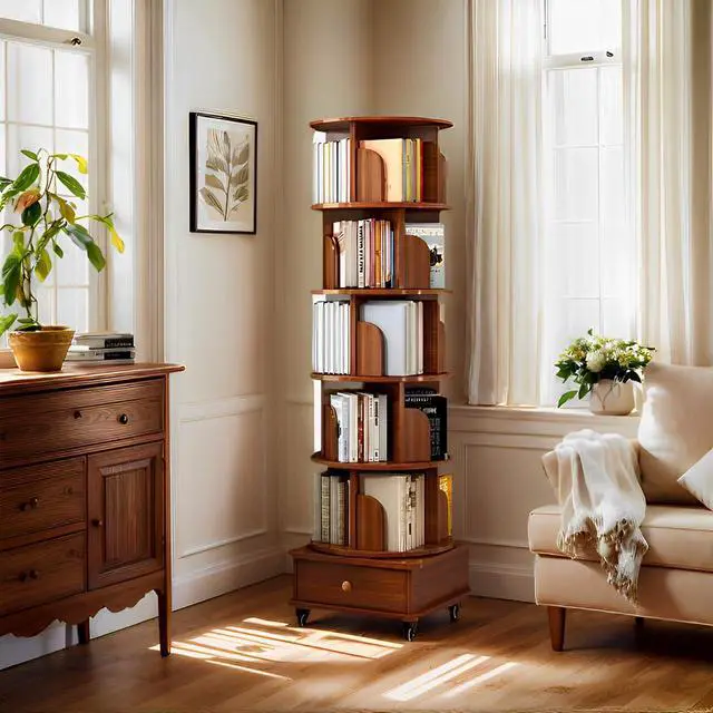 Alt view image 5 of 6 - Rotating Bookshelf 6 Tier, 360° Spinning Bookshelf Tower with Lockable Wheels, Corner Shelf for Small Spaces, Kids Room, Living Room, Bedroom, Office Storage Solution, Walnut Revolving Bookcase