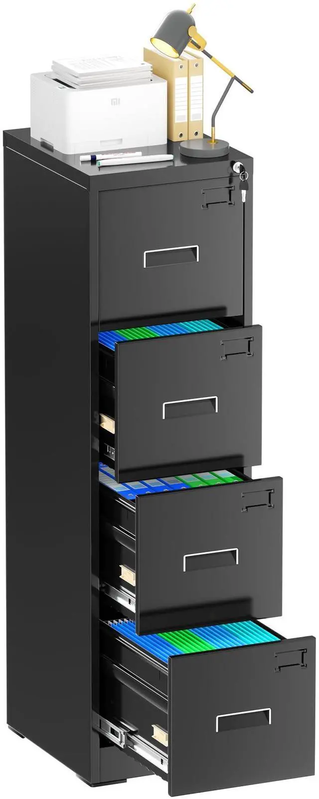 Main image of Vertical File Cabinet with Lock, 4 Drawer Locking Vertical Filing Cabinet for Legal/Letter Size, Metal Horizontal File Organizer with Hanging Rack for Home Office, Heavy Duty, Black