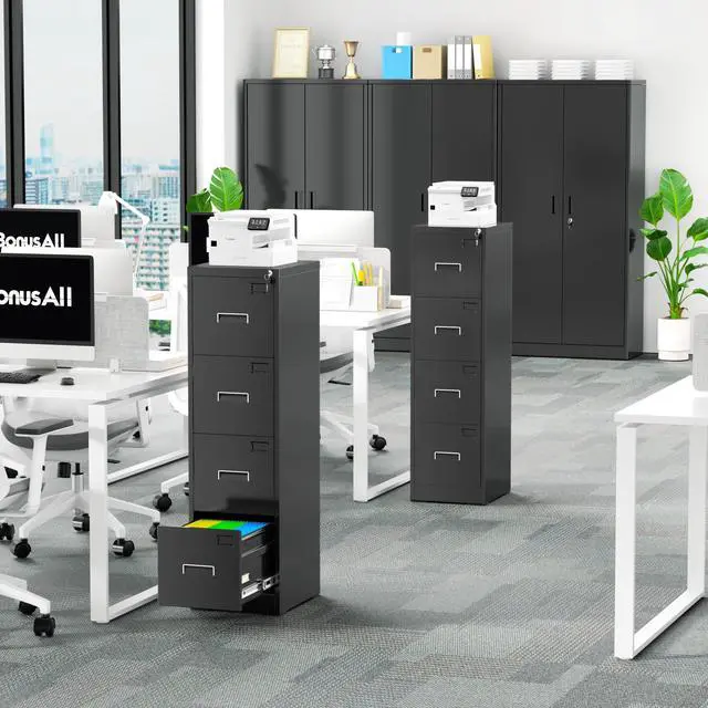 Alt view image 2 of 6 - Vertical File Cabinet with Lock, 4 Drawer Locking Vertical Filing Cabinet for Legal/Letter Size, Metal Horizontal File Organizer with Hanging Rack for Home Office, Heavy Duty, Black