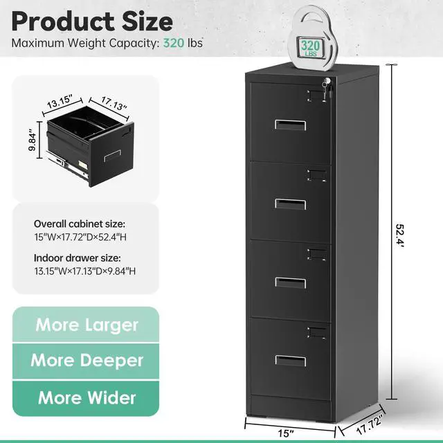 Alt view image 3 of 6 - Vertical File Cabinet with Lock, 4 Drawer Locking Vertical Filing Cabinet for Legal/Letter Size, Metal Horizontal File Organizer with Hanging Rack for Home Office, Heavy Duty, Black