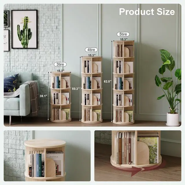 Alt view image 2 of 6 - Book Shelf - Log Rotating Bookshelf Tower,Standing Bookcase Storage Rack for Kids Adult,Suitable for 5-Layer Corner Bookshelf in Living Room, Study Room, Bedroom, and Classroom
