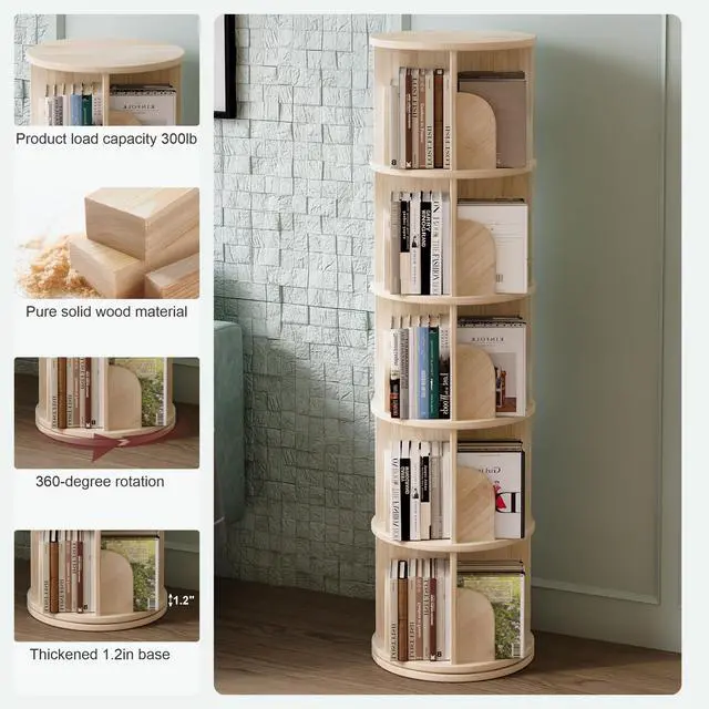 Alt view image 3 of 6 - Book Shelf - Log Rotating Bookshelf Tower,Standing Bookcase Storage Rack for Kids Adult,Suitable for 5-Layer Corner Bookshelf in Living Room, Study Room, Bedroom, and Classroom