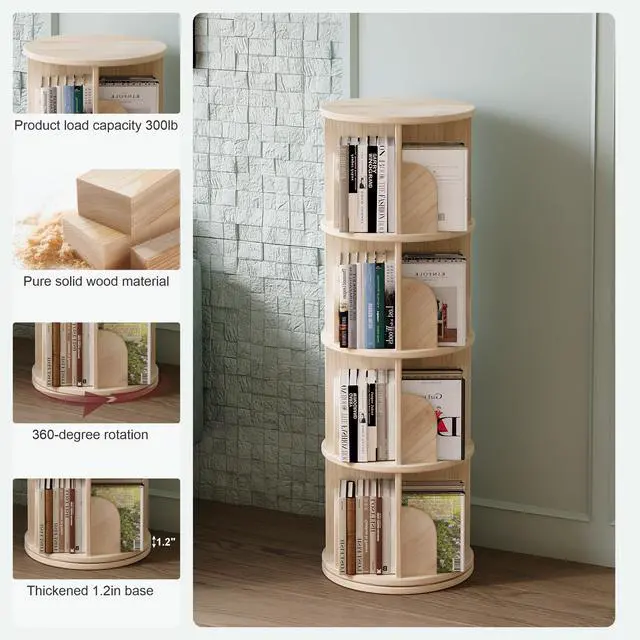Alt view image 3 of 6 - Book Shelf - Log Rotating Bookshelf Tower,Standing Bookcase Storage Rack for Kids Adult,Suitable for 4-Layer Corner Bookshelf in Living Room, Study Room, Bedroom, and Classroom