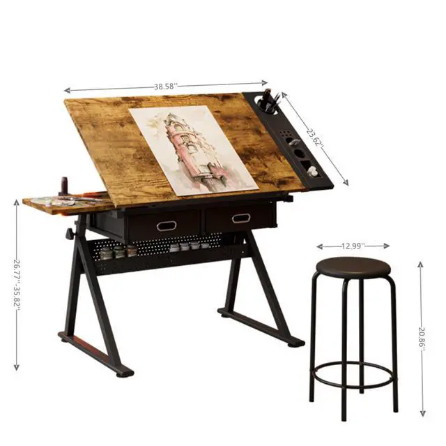 Alt view image 2 of 6 - Adjustable Drafting Table, Drawing Desk for Artists Adults Architect, Art Desk with Stool and 2 Non-Woven Storage Drawers, Tilted Tabletop, Painting Studio Design Work Station, Rustic Brown