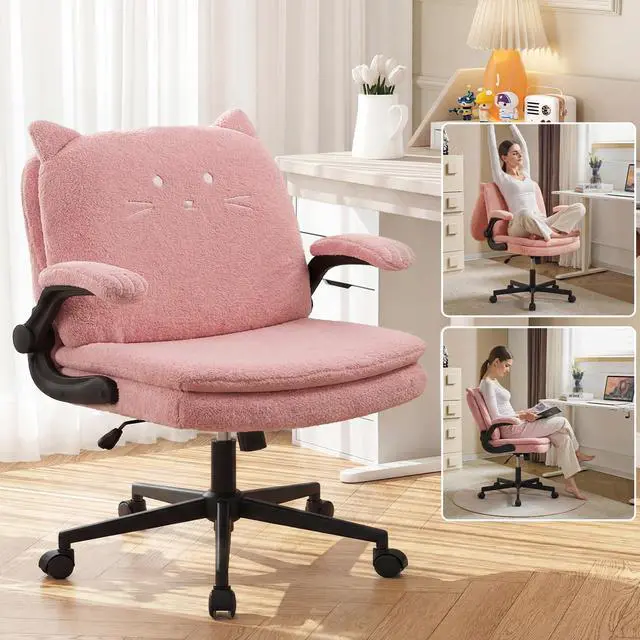 Main image of Criss Cross Office Chair with Wheels & Flip-Up Arms, 25" Seat Cross Legged Office Chair with Flip-Up Back, Ergonomic Computer Desk Chair, Adjustable Swivel Vanity Chair, Fleece, Pink