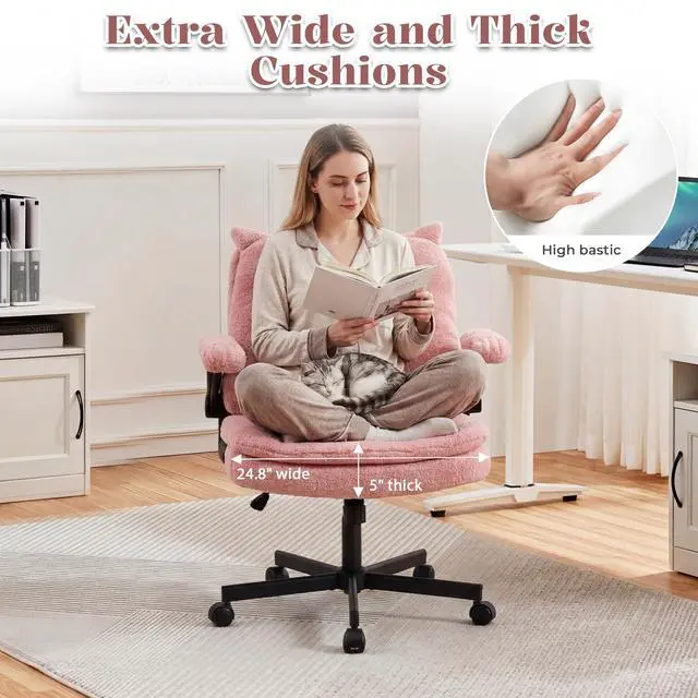 Alt view image 3 of 6 - Criss Cross Office Chair with Wheels & Flip-Up Arms, 25" Seat Cross Legged Office Chair with Flip-Up Back, Ergonomic Computer Desk Chair, Adjustable Swivel Vanity Chair, Fleece, Pink