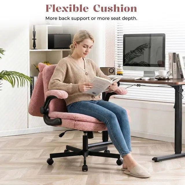 Alt view image 4 of 6 - Criss Cross Office Chair with Wheels & Flip-Up Arms, 25" Seat Cross Legged Office Chair with Flip-Up Back, Ergonomic Computer Desk Chair, Adjustable Swivel Vanity Chair, Fleece, Pink