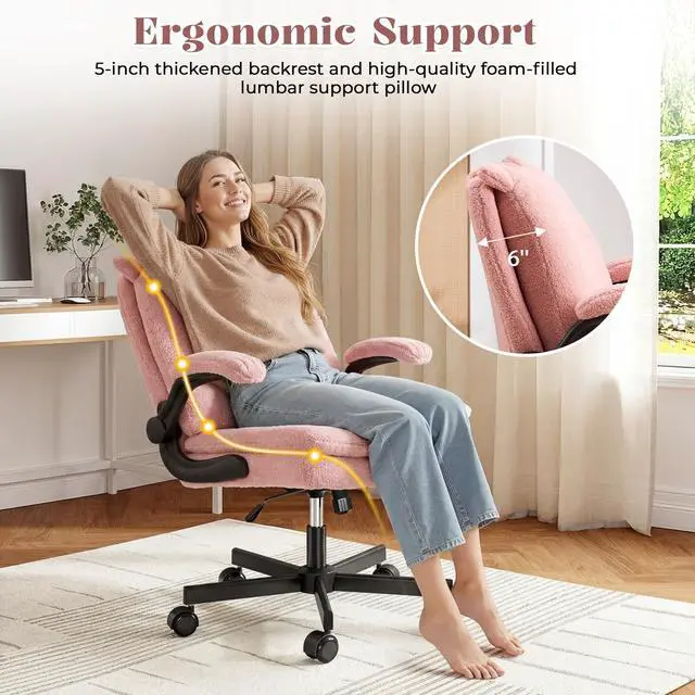 Alt view image 5 of 6 - Criss Cross Office Chair with Wheels & Flip-Up Arms, 25" Seat Cross Legged Office Chair with Flip-Up Back, Ergonomic Computer Desk Chair, Adjustable Swivel Vanity Chair, Fleece, Pink