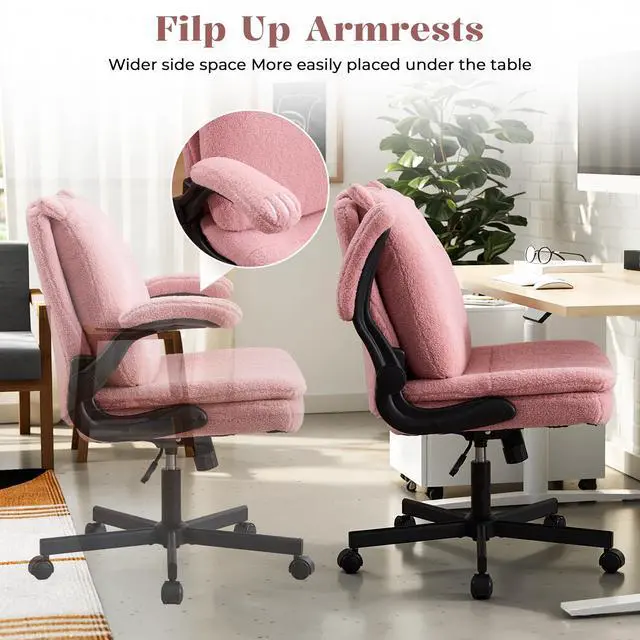 Alt view image 6 of 6 - Criss Cross Office Chair with Wheels & Flip-Up Arms, 25" Seat Cross Legged Office Chair with Flip-Up Back, Ergonomic Computer Desk Chair, Adjustable Swivel Vanity Chair, Fleece, Pink