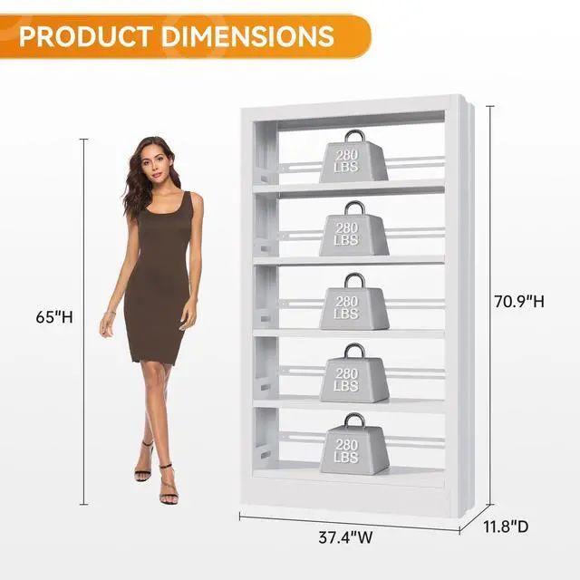 Alt view image 3 of 6 - 71" Tall Bookshelf 5 Tier Metal Bookshelf with Adjustable Storage Shelves Library Bookcase Heavy Duty Book Shelf with Book Stopper for Living Room, Library, Office, Bedroom, School