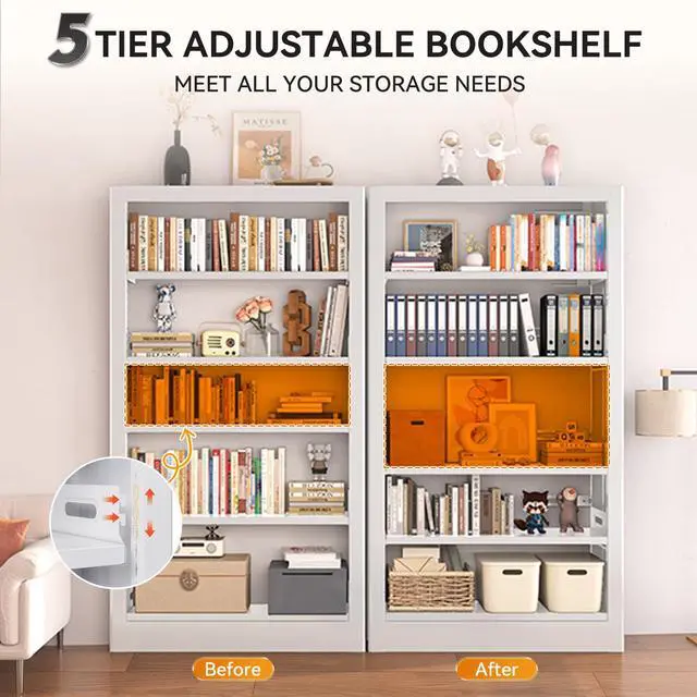 Alt view image 4 of 6 - 71" Tall Bookshelf 5 Tier Metal Bookshelf with Adjustable Storage Shelves Library Bookcase Heavy Duty Book Shelf with Book Stopper for Living Room, Library, Office, Bedroom, School