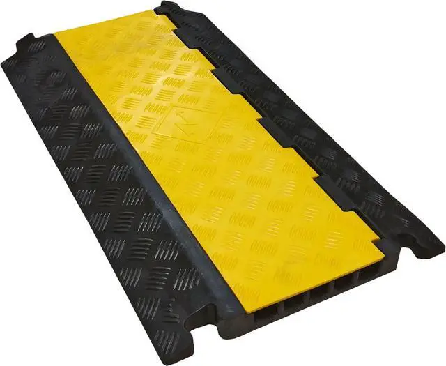 Main image of Cable Protector 5 Channels 1.25" x 1" Traffic Hose and Wire Cover Rubber Black Base with Yellow Lid (3 Feet) 12,000 lbs/axle - Pack of 3