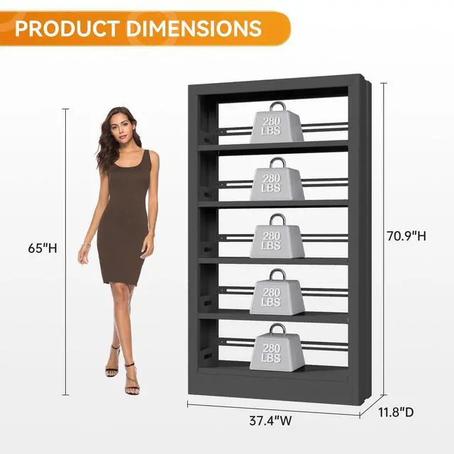 Alt view image 3 of 6 - 71" Tall Metal Bookshelf 5 Tier Heavy Duty Bookshelves with Adjustable Storage Shelves Library Bookcase with Book Stopper for Living Room, Library, Office, Bedroom, School