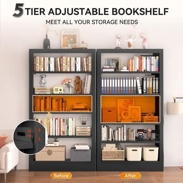 Alt view image 4 of 6 - 71" Tall Metal Bookshelf 5 Tier Heavy Duty Bookshelves with Adjustable Storage Shelves Library Bookcase with Book Stopper for Living Room, Library, Office, Bedroom, School