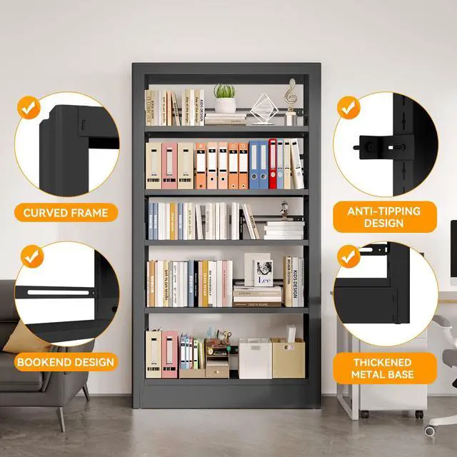 Alt view image 5 of 6 - 71" Tall Metal Bookshelf 5 Tier Heavy Duty Bookshelves with Adjustable Storage Shelves Library Bookcase with Book Stopper for Living Room, Library, Office, Bedroom, School