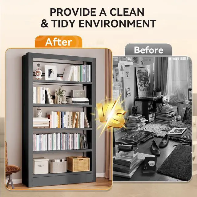Alt view image 6 of 6 - 71" Tall Metal Bookshelf 5 Tier Heavy Duty Bookshelves with Adjustable Storage Shelves Library Bookcase with Book Stopper for Living Room, Library, Office, Bedroom, School