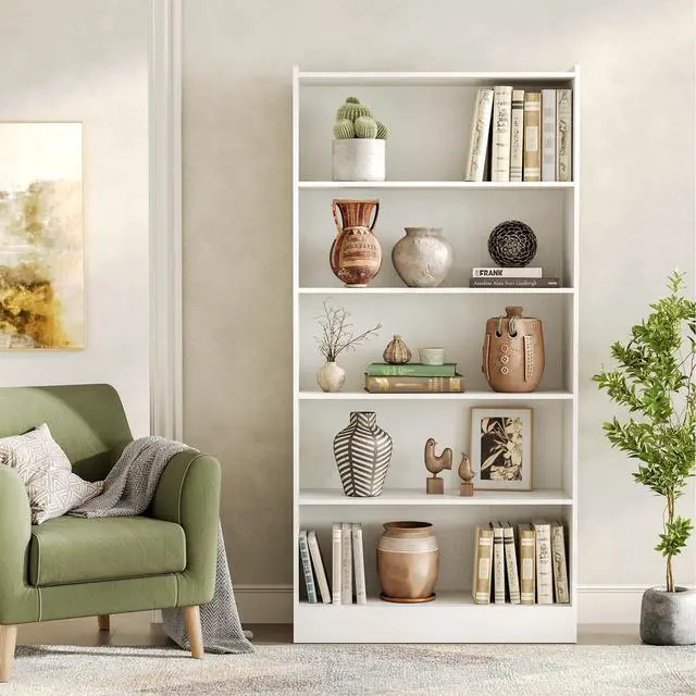 Alt view image 4 of 6 - 72 Inch Tall Bookcase, Freestanding 6-Tier Library Bookshelf with Closed Shelves, Large Open Bookcases Organizer Wooden Display Shelving Unit for Bedroom Living Room Office, White