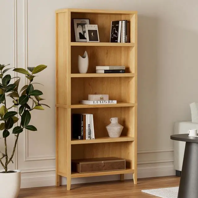Main image of 71" Tall Bookshelf, 5 Tiers Farmhouse Floor Standing Display Storage with Adjustable Shelf, Wooden Open Bookcase Home Decor Organizer, Large Modern Book Storage Shelf, Natural Oak