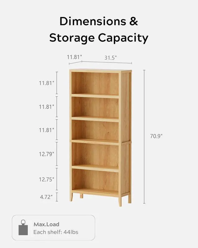 Alt view image 2 of 6 - 71" Tall Bookshelf, 5 Tiers Farmhouse Floor Standing Display Storage with Adjustable Shelf, Wooden Open Bookcase Home Decor Organizer, Large Modern Book Storage Shelf, Natural Oak