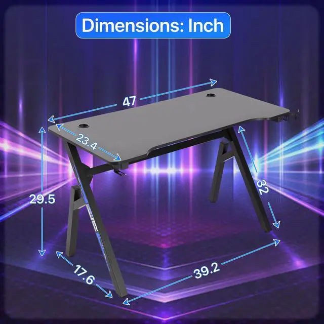 Alt view image 2 of 6 - 47 Inch Gaming Desk R-Shaped Computer Desk with Headphone Hook and Cup Holder, Modern Gamer Desks Table for Home Office Dorm Sturdy Writing Workstation, Carbon Fiber Black, Blue