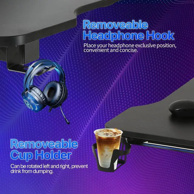Alt view image 3 of 6 - 47 Inch Gaming Desk R-Shaped Computer Desk with Headphone Hook and Cup Holder, Modern Gamer Desks Table for Home Office Dorm Sturdy Writing Workstation, Carbon Fiber Black, Blue