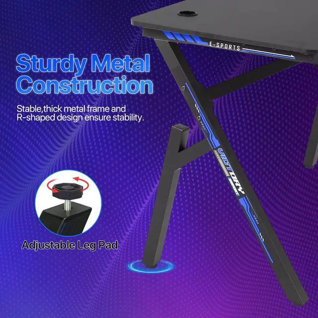 Alt view image 4 of 6 - 47 Inch Gaming Desk R-Shaped Computer Desk with Headphone Hook and Cup Holder, Modern Gamer Desks Table for Home Office Dorm Sturdy Writing Workstation, Carbon Fiber Black, Blue