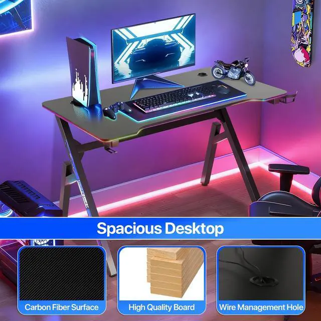 Alt view image 5 of 6 - 47 Inch Gaming Desk R-Shaped Computer Desk with Headphone Hook and Cup Holder, Modern Gamer Desks Table for Home Office Dorm Sturdy Writing Workstation, Carbon Fiber Black, Blue