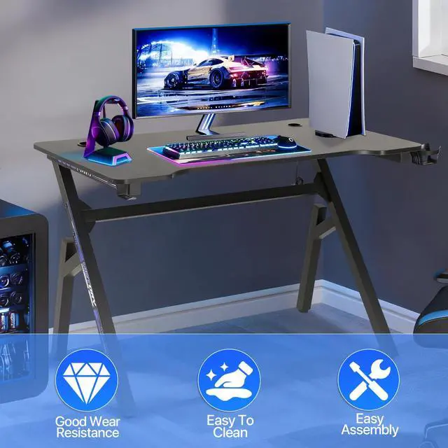 Alt view image 6 of 6 - 47 Inch Gaming Desk R-Shaped Computer Desk with Headphone Hook and Cup Holder, Modern Gamer Desks Table for Home Office Dorm Sturdy Writing Workstation, Carbon Fiber Black, Blue