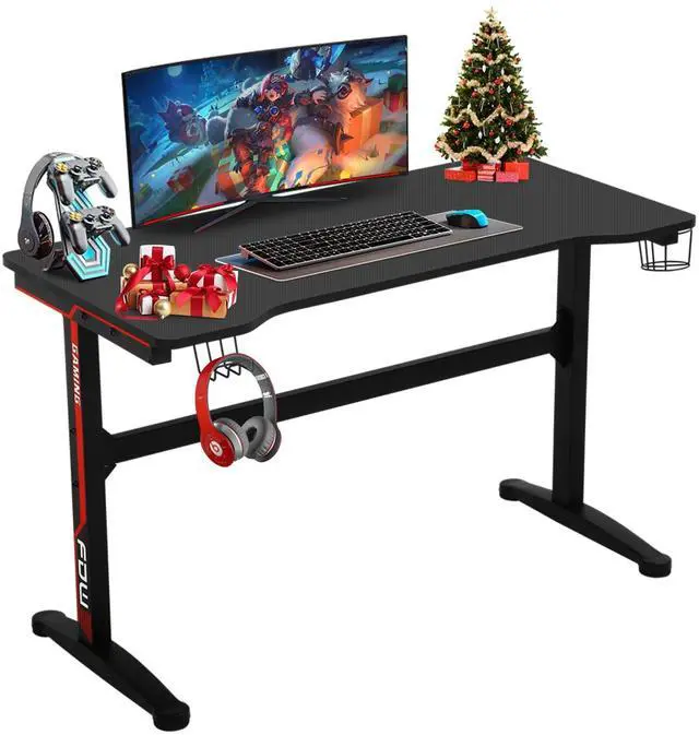 Main image of Gaming Desk, 47 Inch Computer Desk with Carbon Fiber Surface, Gaming Table T Shaped PC Gamer Workstation Home Office Desks with Cup Holder and Headphone Hook, Red & Black