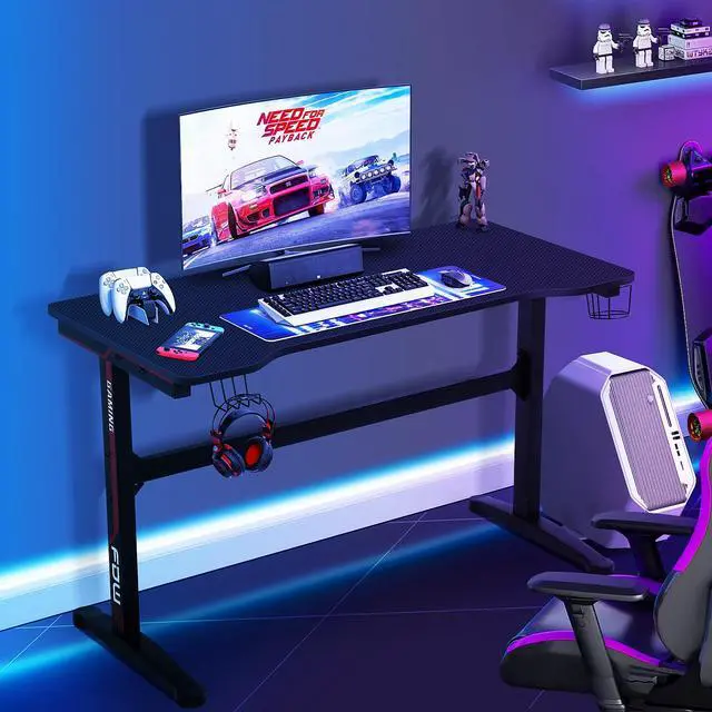 Alt view image 2 of 6 - Gaming Desk, 47 Inch Computer Desk with Carbon Fiber Surface, Gaming Table T Shaped PC Gamer Workstation Home Office Desks with Cup Holder and Headphone Hook, Red & Black