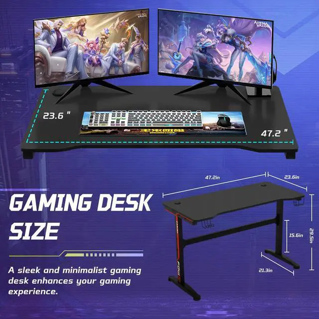 Alt view image 3 of 6 - Gaming Desk, 47 Inch Computer Desk with Carbon Fiber Surface, Gaming Table T Shaped PC Gamer Workstation Home Office Desks with Cup Holder and Headphone Hook, Red & Black