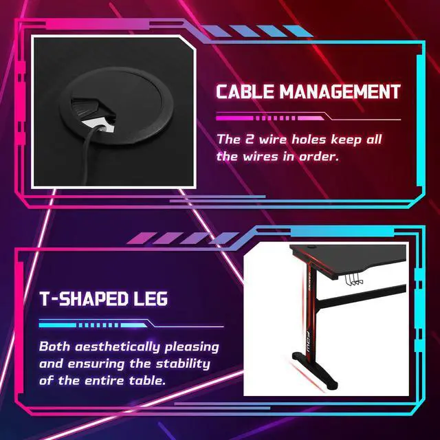 Alt view image 4 of 6 - Gaming Desk, 47 Inch Computer Desk with Carbon Fiber Surface, Gaming Table T Shaped PC Gamer Workstation Home Office Desks with Cup Holder and Headphone Hook, Red & Black