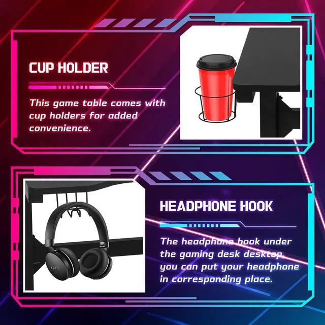 Alt view image 5 of 6 - Gaming Desk, 47 Inch Computer Desk with Carbon Fiber Surface, Gaming Table T Shaped PC Gamer Workstation Home Office Desks with Cup Holder and Headphone Hook, Red & Black