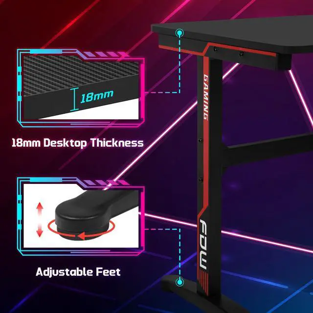 Alt view image 6 of 6 - Gaming Desk, 47 Inch Computer Desk with Carbon Fiber Surface, Gaming Table T Shaped PC Gamer Workstation Home Office Desks with Cup Holder and Headphone Hook, Red & Black