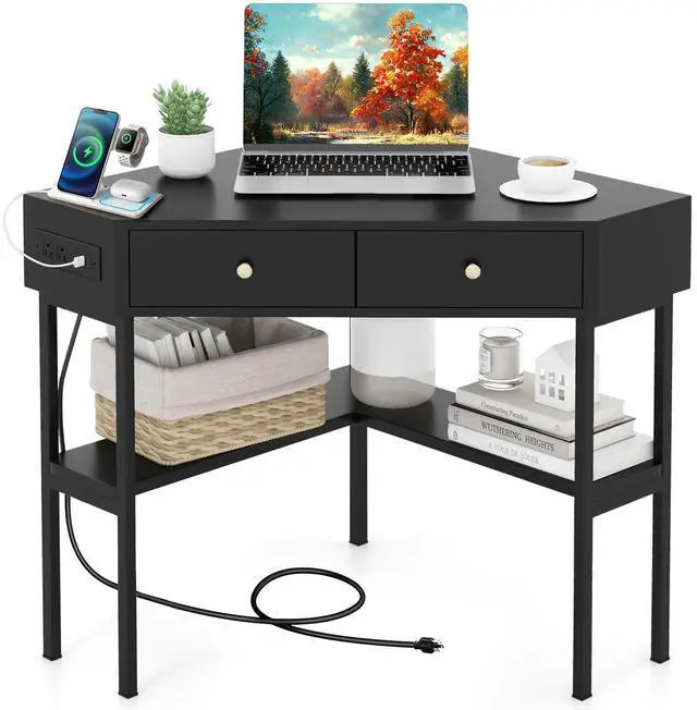 Main image of Corner Desk with Charging Station, 90 Degree Triangle Computer Desk with 2 Drawers & Storage Shelf, L-Shaped Writing Desk Makeup Vanity Table, Compact Corner Desk for Small Spaces (Black)
