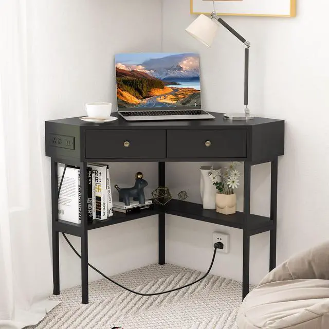 Alt view image 2 of 6 - Corner Desk with Charging Station, 90 Degree Triangle Computer Desk with 2 Drawers & Storage Shelf, L-Shaped Writing Desk Makeup Vanity Table, Compact Corner Desk for Small Spaces (Black)