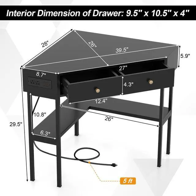 Alt view image 3 of 6 - Corner Desk with Charging Station, 90 Degree Triangle Computer Desk with 2 Drawers & Storage Shelf, L-Shaped Writing Desk Makeup Vanity Table, Compact Corner Desk for Small Spaces (Black)