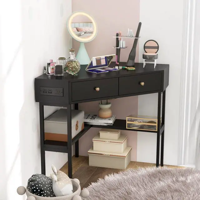 Alt view image 4 of 6 - Corner Desk with Charging Station, 90 Degree Triangle Computer Desk with 2 Drawers & Storage Shelf, L-Shaped Writing Desk Makeup Vanity Table, Compact Corner Desk for Small Spaces (Black)