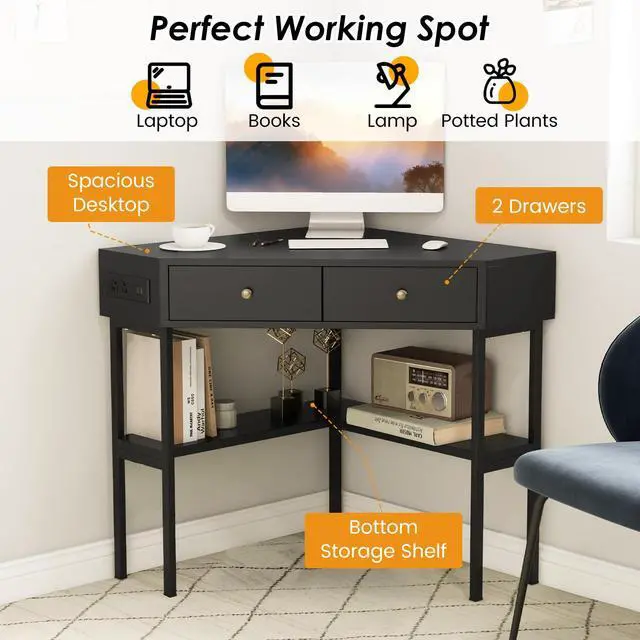 Alt view image 5 of 6 - Corner Desk with Charging Station, 90 Degree Triangle Computer Desk with 2 Drawers & Storage Shelf, L-Shaped Writing Desk Makeup Vanity Table, Compact Corner Desk for Small Spaces (Black)