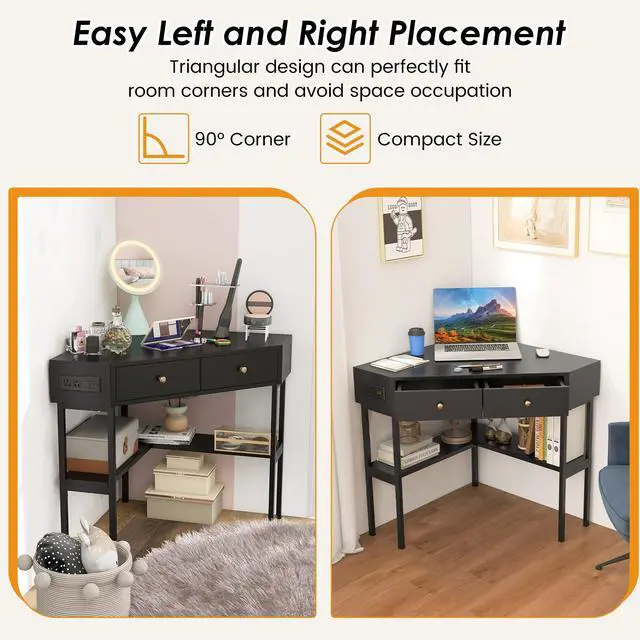 Alt view image 6 of 6 - Corner Desk with Charging Station, 90 Degree Triangle Computer Desk with 2 Drawers & Storage Shelf, L-Shaped Writing Desk Makeup Vanity Table, Compact Corner Desk for Small Spaces (Black)