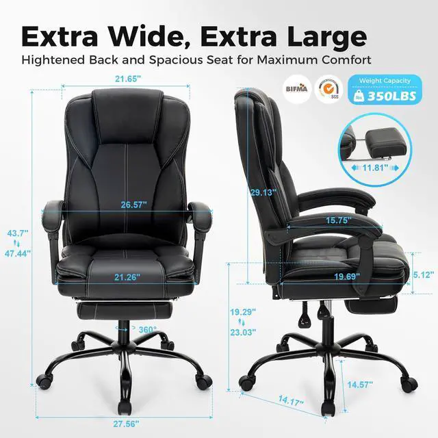 Alt view image 3 of 6 - Ergonomic Office Chair, Big and Tall Executive Chair with Foot Rest, Computer Desk Chair with Padded Armrests, Rolling Swivel Faux Leather Chair for Home Office Man Woman, Black