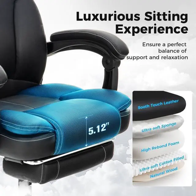 Alt view image 4 of 6 - Ergonomic Office Chair, Big and Tall Executive Chair with Foot Rest, Computer Desk Chair with Padded Armrests, Rolling Swivel Faux Leather Chair for Home Office Man Woman, Black
