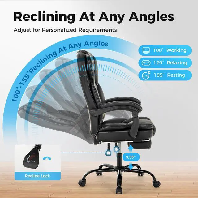Alt view image 6 of 6 - Ergonomic Office Chair, Big and Tall Executive Chair with Foot Rest, Computer Desk Chair with Padded Armrests, Rolling Swivel Faux Leather Chair for Home Office Man Woman, Black