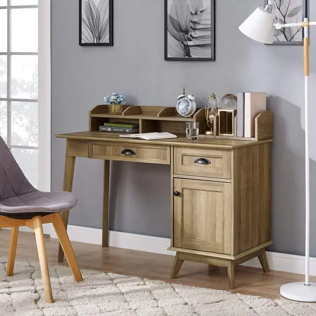 Alt view image 2 of 6 - Newport Series Home Office Writing Computer Desk With Hutch| Storage Drawers and Cabinet | Sturdy and Stylish |Easy Assembly | Laptop PC Workstation | Golden Oak Wood Look Accent Living Room Furniture
