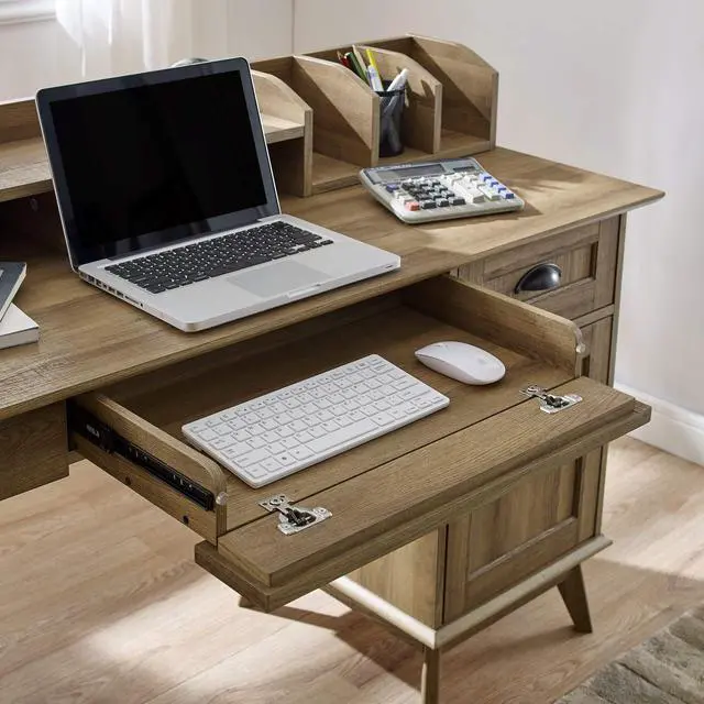 Alt view image 4 of 6 - Newport Series Home Office Writing Computer Desk With Hutch| Storage Drawers and Cabinet | Sturdy and Stylish |Easy Assembly | Laptop PC Workstation | Golden Oak Wood Look Accent Living Room Furniture
