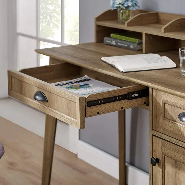 Alt view image 5 of 6 - Newport Series Home Office Writing Computer Desk With Hutch| Storage Drawers and Cabinet | Sturdy and Stylish |Easy Assembly | Laptop PC Workstation | Golden Oak Wood Look Accent Living Room Furniture