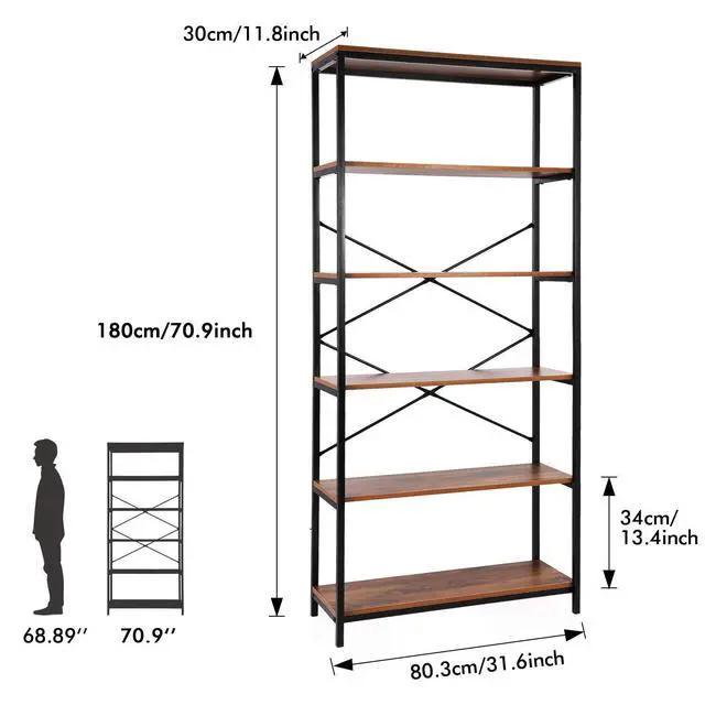 Alt view image 3 of 6 - Modrine 5 Shelf Bookcase, Tall Bookshelf Industrial Style Bookshelves Vintage Standing Storage Shelf Units
